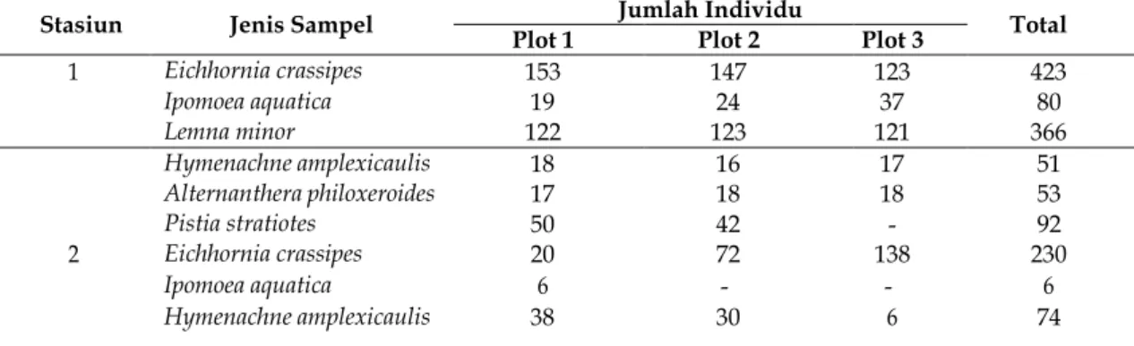 Tabel  3.  Jenis  dan  jumlah  tumbuhan  akuatik  yang  terdapat  pada  Sungai  Sadar Mojokerto 