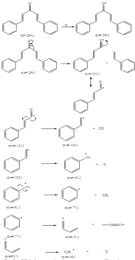 Gambar 3 Pola fragmentasi sepktrum massa senyawa dibenzalaseton 