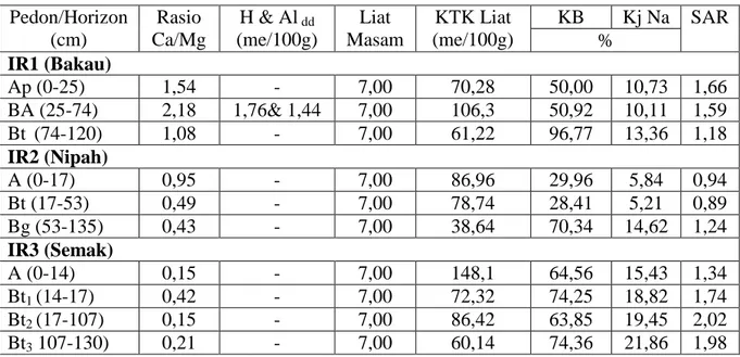Tabel 7. Sifat kimia tanah di daerah penelitian  Pedon/Horizon  (cm)  Rasio   Ca/Mg  H &amp; Al  dd  (me/100g)  Liat  Masam  KTK Liat  (me/100g)  KB  Kj Na  SAR %  IR1 (Bakau)  Ap (0-25)  1,54  -  7,00  70,28  50,00  10,73  1,66  BA (25-74)  2,18  1,76&amp