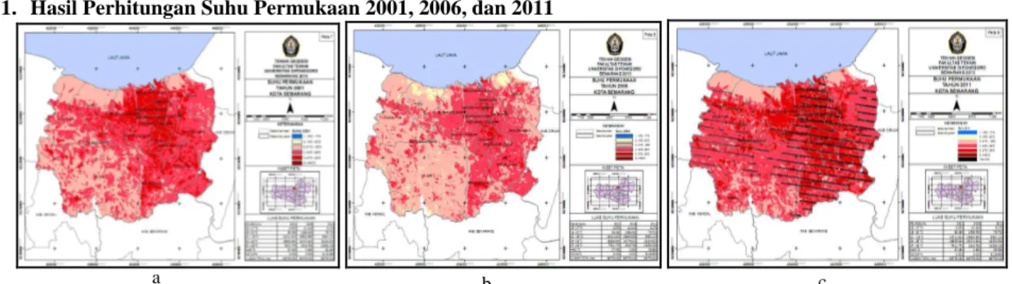 Gambar 3.1. (a) Peta Suhu Permukaan Kota Semarang 2001, (b) Peta Suhu Permukaan Kota Semarang 2006,  