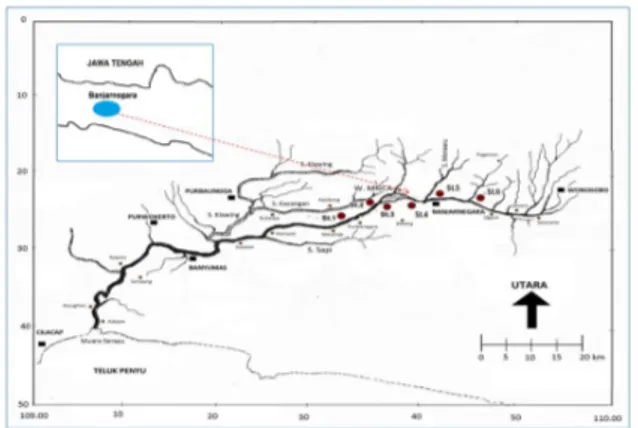 Gambar 1.  Peta lokasi penelitian di Sungai Serayu                         Banjarnegara 