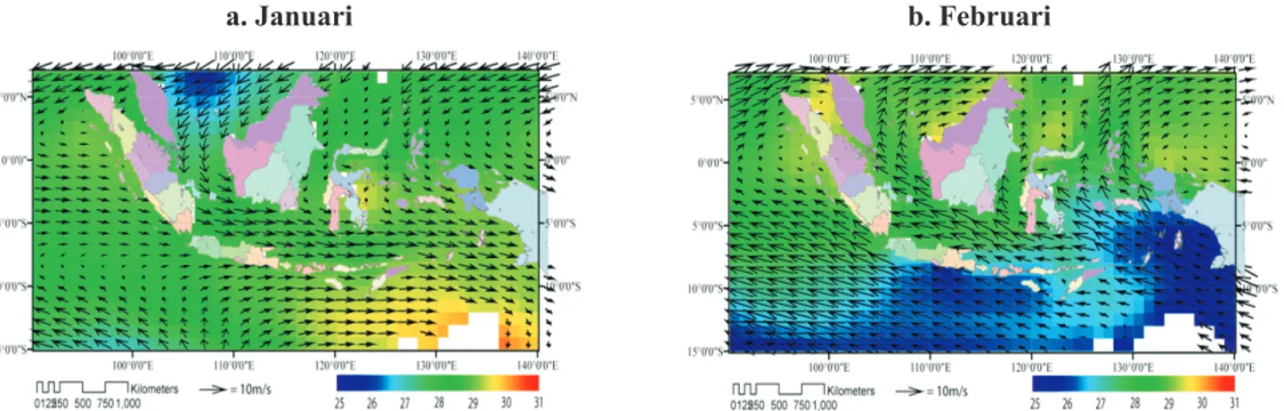 Gambar  1  menunjukkan  pola  angin  dan  distribusi spasial suhu permukaan laut (SPL) pada  bulan Januari saat puncak musim angin barat dan  Agustus saat puncak musim angin timur