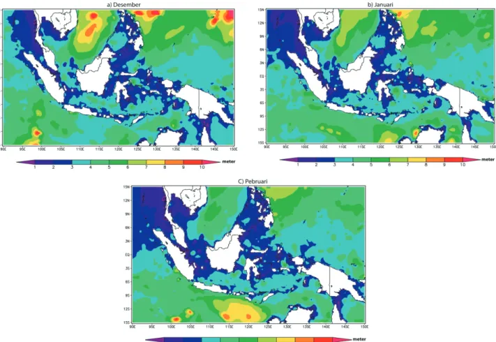 Gambar 11. Rata-rata tinggi gelombang signifikan maksimum pada puncak monsun Asia, Desember sampai Pebruari dari  tahun 2000 sampai 2008