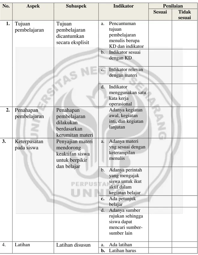 Tabel 1. Instrumen Kelayakan Penyajian Materi Menulis 