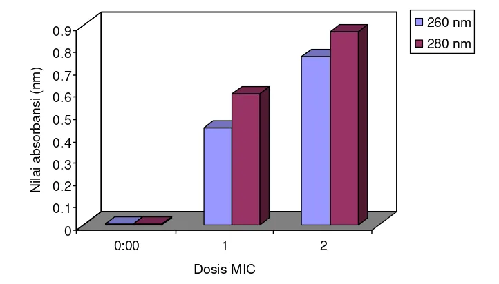 Gambar 6.1a. Pengaruh dosis campuran metabolit Lb. plantarum kik-MAG minyak kelapa terhadap kebocoran protein (280 nm) dan asam nukleat (260 nm) dari sel L