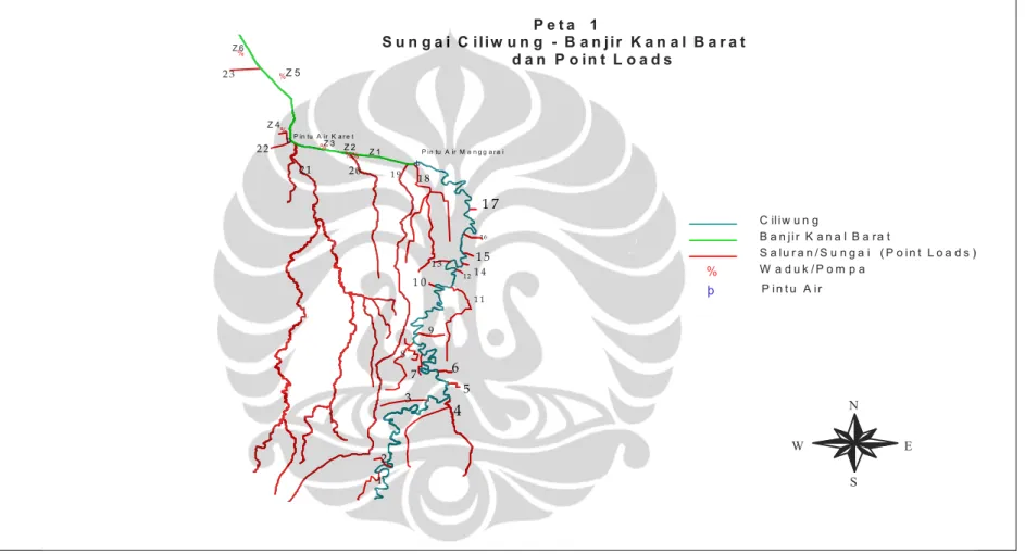 Gambar 5.1  Peta Sungai Ciliwung dan Banjir Kanal Barat Beserta Point Loadsnya 