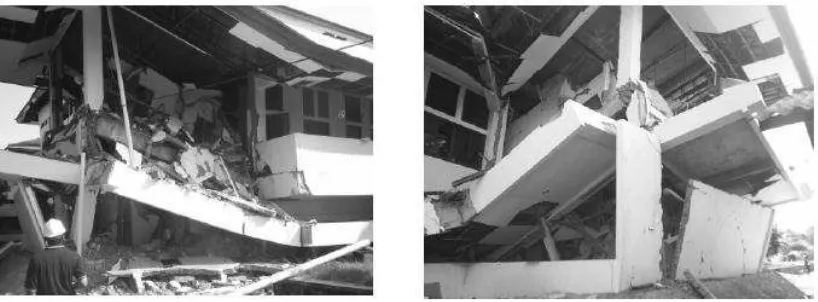 Gambar 1.1 . Contoh Keruntuhan Bangunan akibat Gempa Yogya yang Dipicu oleh   Detailing Penulangan Kolom yang Tidak Tepat.(Imran I., 2006) 