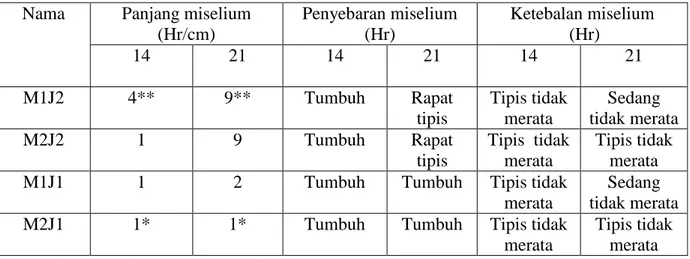 Tabel 4.1  Rerata  pertumbuhan  miselium  jamur  tiram  dan  jamur  merang  pada  media  ampas    tahu  dan  kulit kacang tanah   pada hari ke-14 dan hari ke-21.