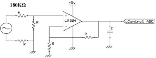 Gambar 1 Rangkaian Sensor Tegangan  Gambar  1  adalah  skema  pengkondisian  sinyal  untuk  pengukuran  tegangan