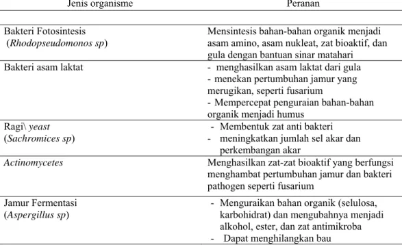 Tabel 2 .Jenis mikroorganisme yang terdapat dalam kultur EM4 serta peranannya 