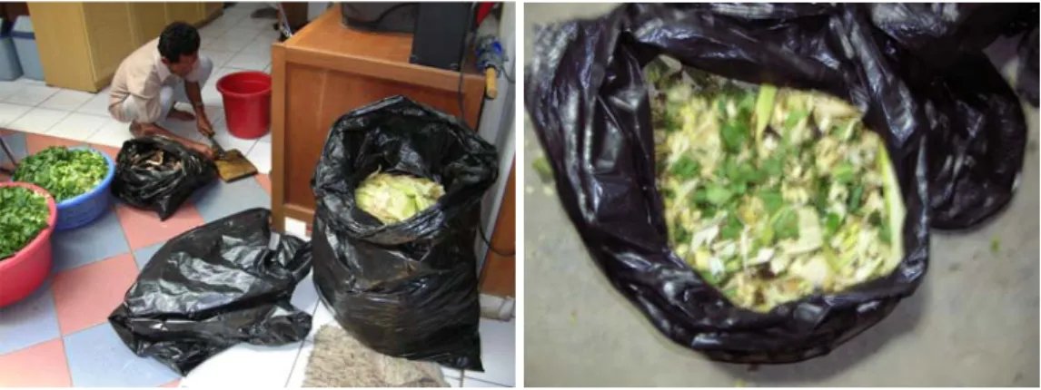 Gambar 6. Perlakuan sebelum dikomposkan. Gambar kiri menunjukkan proses reduksi  ukuran sampah organik sedangkan gambar kanan adalah campuran sampah yang siap 