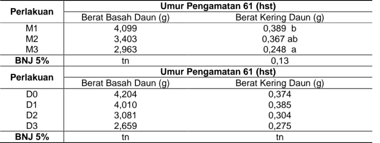 Tabel 5. Rata-rata berat basah daun (g) dan berat kering daun (g) pada perlakuan                 komposisi media tumbuh dan dosis limbah air kelapa