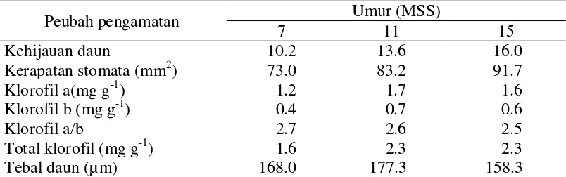 Tabel 1 Keragaan karakter fisiologi jintan hitam pada umur  7, 11 dan 15 MSS di KP Manoko Lembang (1301.5 m dpl) 