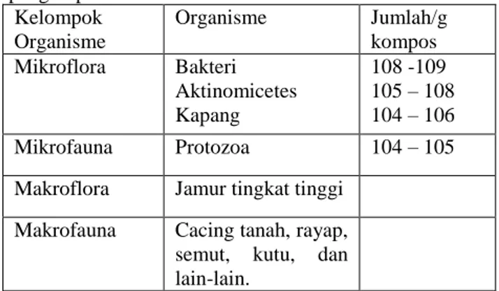 Tabel  1.2.  Organisme  yang  terlibat  dalam  proses  pengomposan   Kelompok  Organisme  Organisme  Jumlah/g kompos  Mikroflora  Bakteri  Aktinomicetes  Kapang  108 -109  105 – 108 104 – 106  Mikrofauna  Protozoa  104 – 105 