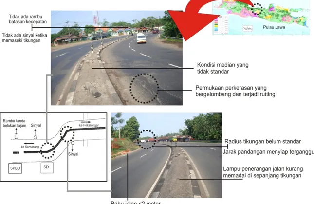 Gambar 2. Sketsa dan foto lapangan lokasi rawan kecelakaan di jalan nasional KM 78-KM 79 (jurusan  Semarang-Cirebon), di Desa Jrakah Payung, Kecamatan Subah, Kabupaten Batang 