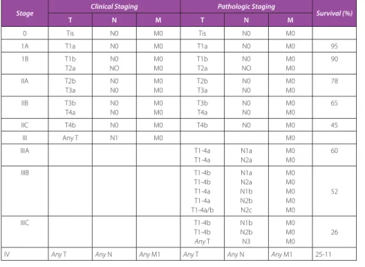 Tabel 2 menjabarkan stage grouping dan  prognosis.