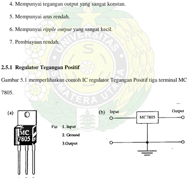 Gambar 5.1 memperlihatkan contoh IC regulator Tegangan Positif tiga terminal MC  7805