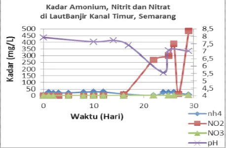 Gambar 3. Grafik Kadar Amonium, Nitrit, Nitrat dan pH pada Laut Aliran Kali Banjir Kanal Timur  Dari hasil data di atas menunjukkan bahwa 
