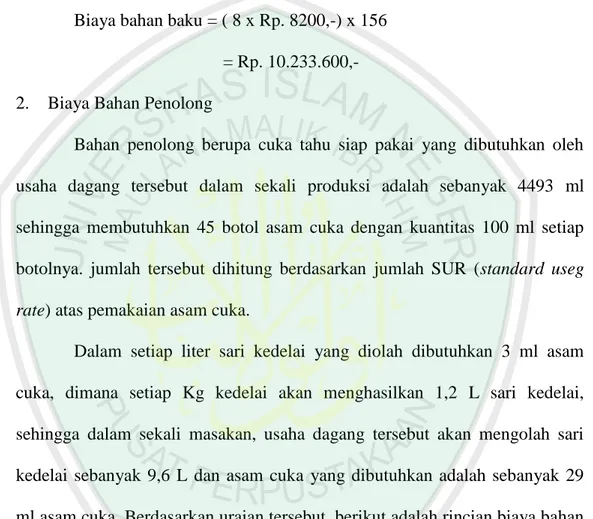 Tabel 4.7. Kebutuhan Sari Pati Kedelai UD. Al-Amin per Hari  Nama Bahan Baku  Jumlah  Sari Pati Yang Dihasilkan 