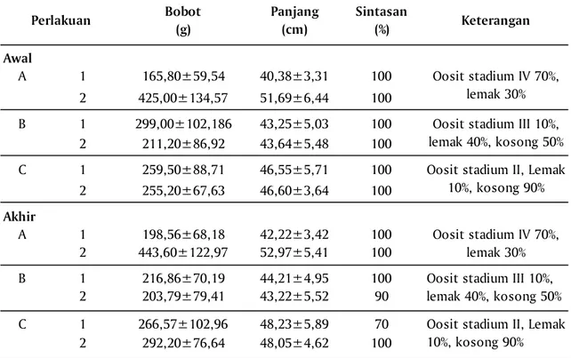 Tabel 1. Hasil pengamatan induk ikan tilan, bobot, panjang, dan keadaan oosit selama penelitian Bobot  (g) Panjang (cm) Sintasan (%) Keterangan Awal 1 165,80±59,54 40,38±3,31 100 2 425,00±134,57 51,69±6,44 100 1 299,00±102,186 43,25±5,03 100 2 211,20±86,92