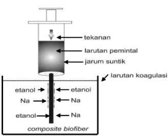 Gambar 2. Ilustrasi mekanisme pembentukan composite biofiber textile dalam larutan pengkoagulan (Matsuda et al