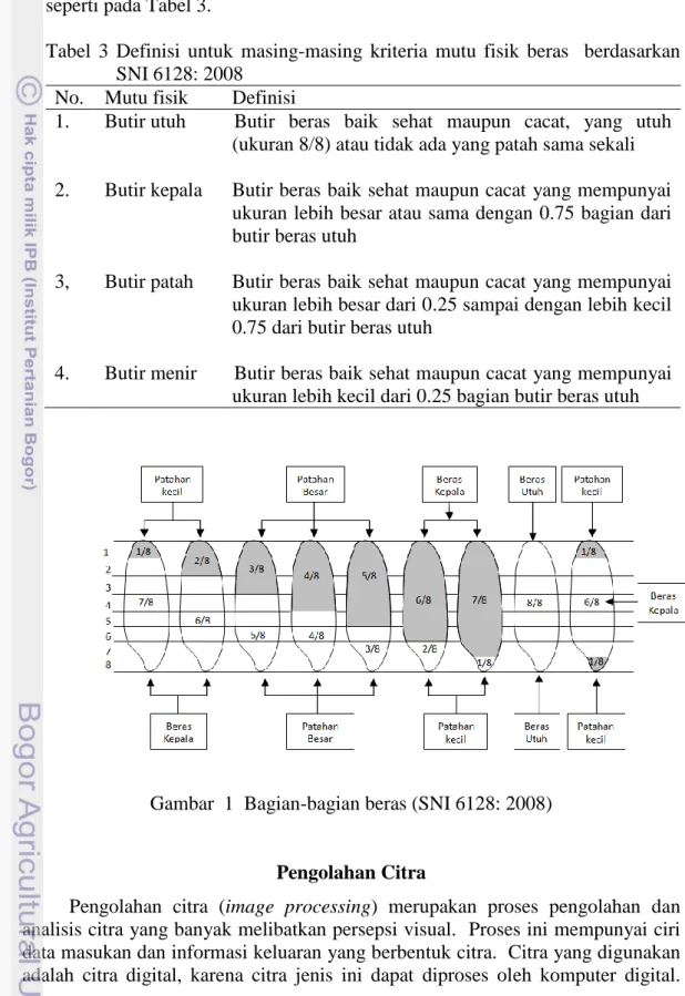 Tabel  3  Definisi  untuk  masing-masing  kriteria  mutu  fisik  beras    berdasarkan  SNI 6128: 2008 