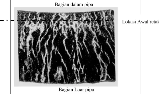 Gambar 2.  Hasil Makro-fraktografi potongan melintang pipa  yang  mengalami kerusakan, nampak                      penjalaran retak (warna putih) berpusat pada ¼ dari bagian dalam pipa, perbesaran 5 X