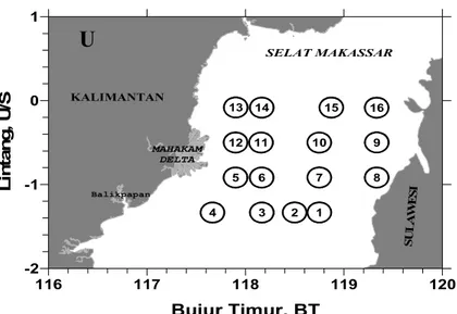 Gambar 1. Peta lokasi stasiun penelitian bakteriologi di perairan Selat Makassar pada bulan  Oktober 2003 