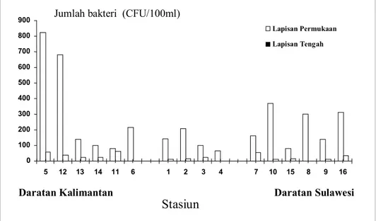 Gambar  2.  Pola  distribusi  kandungan  bakteri  coliform  pada  lapisan  permukaan  laut  dan  tengah di perairan Selat Makassar pada buan Oktober 2003 