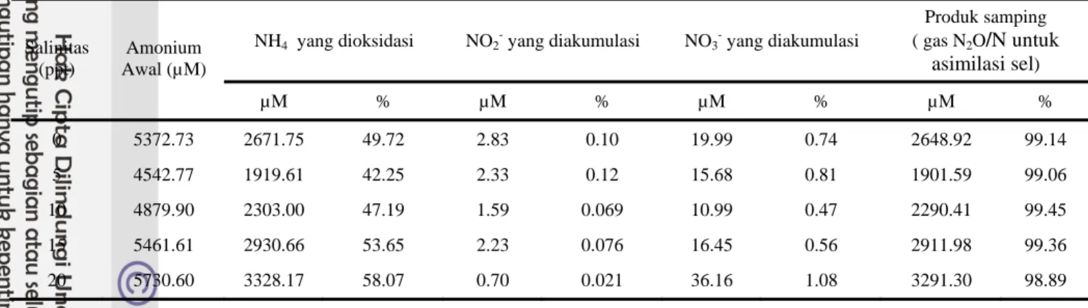 Tabel 3 Oksidasi Amonium dengan menghasilkan nitrit, nitrat dan gas N 2 O oleh isolat ASR 2 setelah inkubasi selama 7 hari pada tingkat                  salinitas berbeda dengan suksinat sebagai sumber C 