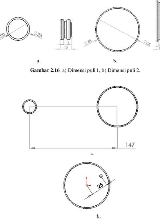 Gambar 2.17 a) Dimensi jarak puli 1 dan puli 2, b) Jarak pin dengan titik pusat puli 2