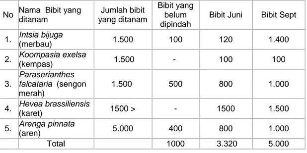 Tabel 1. Pengamatan perkecambahan  5 jenis bibit   yang  dikecambahkan di               Pembibitan     Kebun Raya Balikpapan (umur 6 bulan)