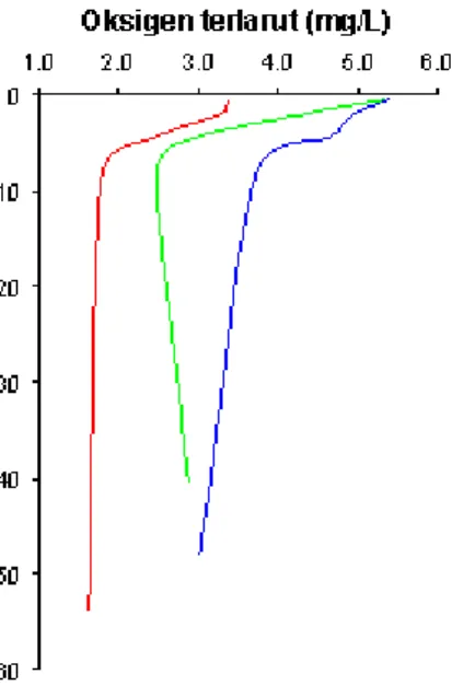 Gambar 4. Rata-rata bulanan distribusi vertikal oksigen terlarut di stasiun pengamatan daerah air minum Waduk Saguling (—),  Cirata (—), dan Ir