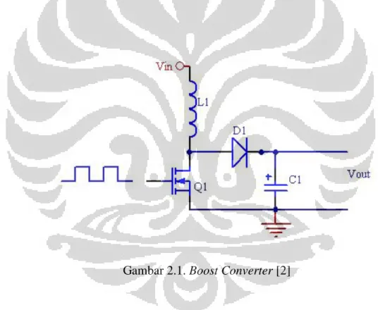 Gambar  2.1  dibawah  ini  dapat  dilihat  komponen  suatu  boost  converter,  dimana  induktor  sebagai penyimpan energi diletakkan sebelum masuk ke switcing component