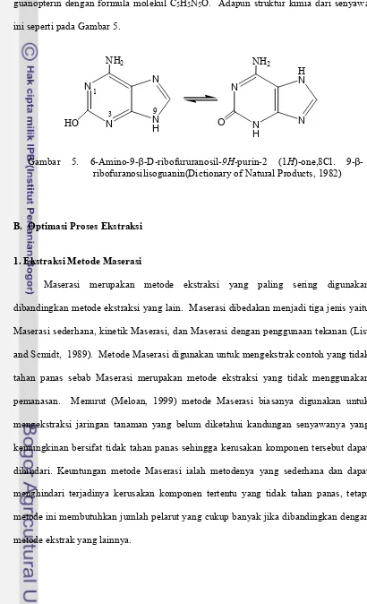 Gambar 5.        6-Amino-9-β-D-ribofururanosil-9H-purin-2 (1H)-one,8Cl. ribofuranosilisoguanin(Dictionary of Natural Products, 1982)         