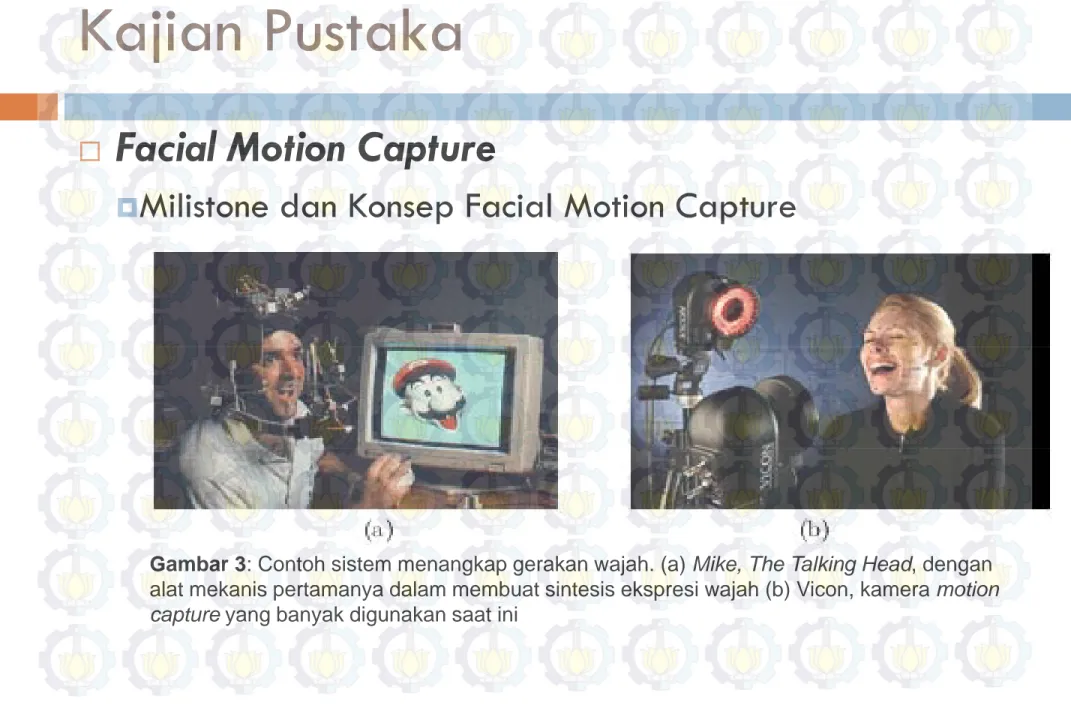 Gambar 3: Contoh sistem menangkap gerakan wajah. (a) Mike, The Talking Head, dengan alat mekanis pertamanya dalam membuat sintesis ekspresi wajah (b) Vicon, kamera motion  capture yang banyak digunakan saat ini