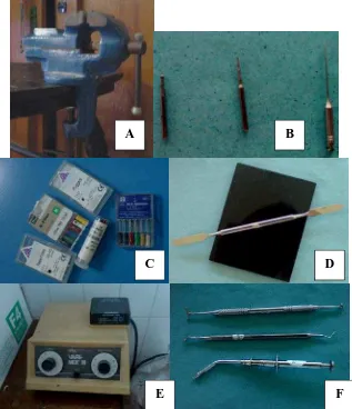 Gambar 8. Alat-alat penelitian: A. Bais; B. Bur intan bulat, bur intan fissure, dan bur  gates glidden; C
