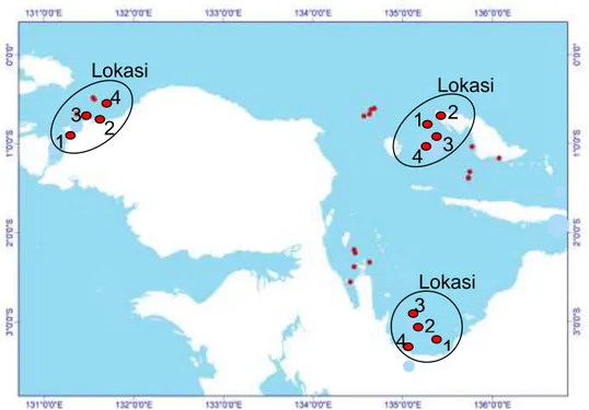 Gambar 1. Peta lokasi penelitian pada daerah fishing ground di kepala burung Pulau Papua   (   = stasiun penelitian)