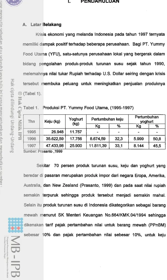 Tabel 1.  Produksi PT. Yummy Food Utama, (1 995-1 997) 
