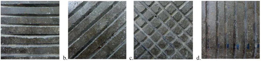 Fig. 1. Concrete surface preparations; (a) Perpendicular (T); (b) Diagonal (D); (c) Crosses (C); (d) Parallel (L)
