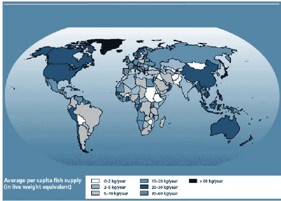 Gambar 1. Peta suplai ikan yang dikosumsi masyarakat dunia perkapita tahun  2003-2005 