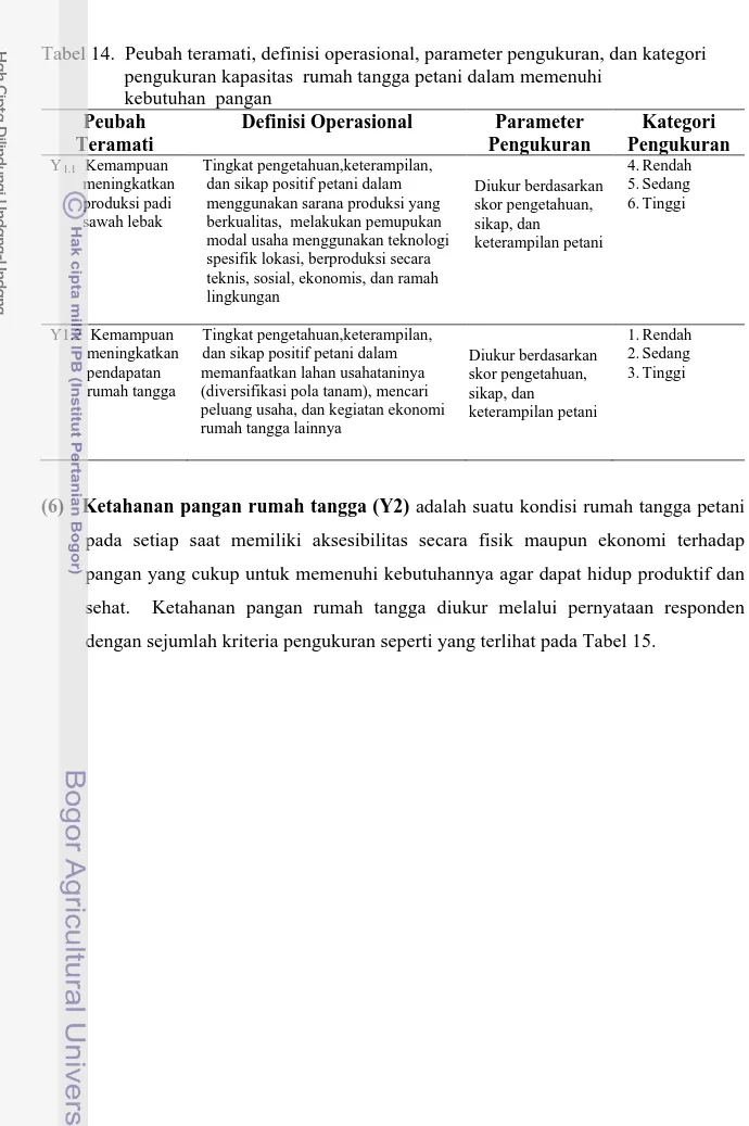 Tabel 14.  Peubah teramati, definisi operasional, parameter pengukuran, dan kategori                    pengukuran kapasitas  rumah tangga petani dalam memenuhi  