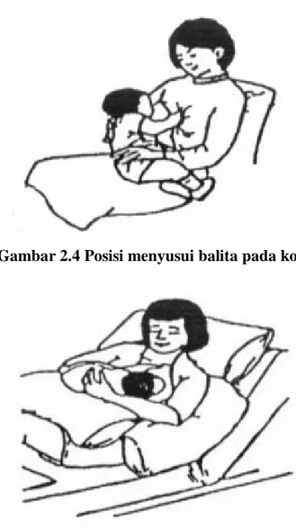 Gambar 2.5 Posisi menyusui bayi baru lahir yang benar di ruang  perawatan (Perinasia, 2003) 