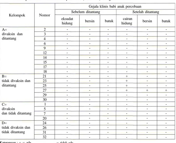 Tabel 1. Gejala klinis babi anak setelah divaksinasi Bordetella bronchiseptica dan setelah ditantang terhadap isolat lokal B