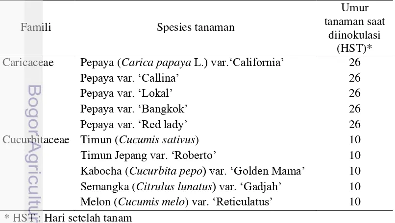 Tabel 1 Famili, spesies tanaman, dan umur tanaman yang digunakan dalam   