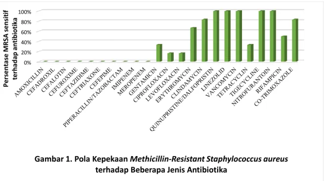Gambar 1. Pola Kepekaan Methicillin-Resistant Staphylococcus aureus terhadap Beberapa Jenis Antibiotika