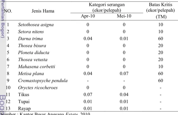 Tabel 4. Hasil Monitoring Hama di Angsana Estate  pada Bulan April dan  Mei 2010 