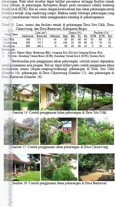 Tabel 11  Luas, zonasi dan fasilitas ternak di pekarangan Desa Situ Udik, Desa Cikarawang, dan Desa Bantarsari, Kabupaten Bogor 