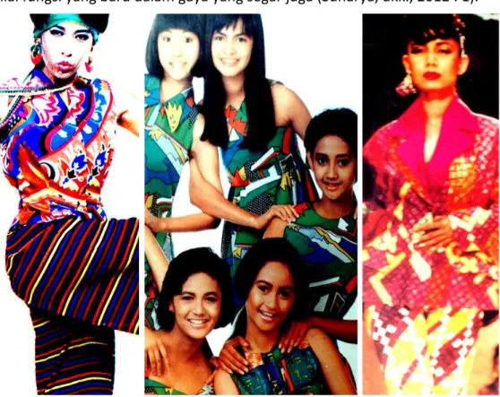 Gambar 2.  Beragam   ‘pluralism  design’   dalam  eksperimen  dan  eksplorasi  desain produk industri kreatif fashion dari kiri ke kanan : (1) Gaya  busana  hippy  tahun  1970an  (psychedelic  color)  rancangan  Robby  Tumewu; (2) Aura motif kitsch memphis