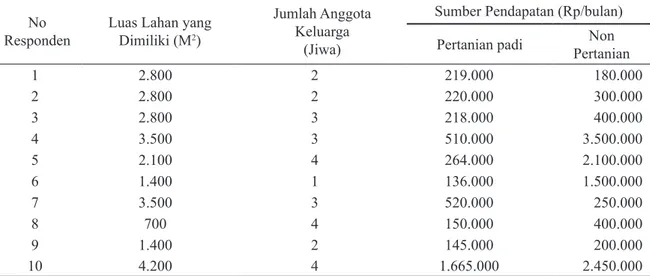Tabel 3. Luas Lahan yang Dimiliki, Jumlah Anggota Keluarga dan Sumber Pendapatan Petani di  Desa Sambeng Kulon